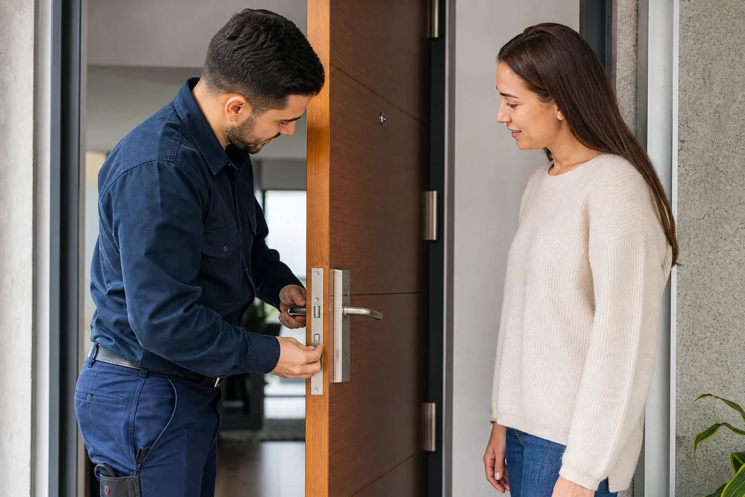 Profissional de chaveiro abrindo uma porta com ferramentas especializadas em Novo Gama.