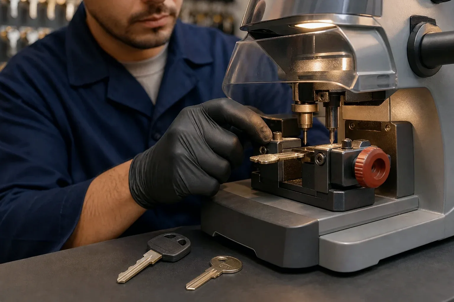 Profissional de chaveiro utilizando máquina para copiar chaves em Novo Gama.