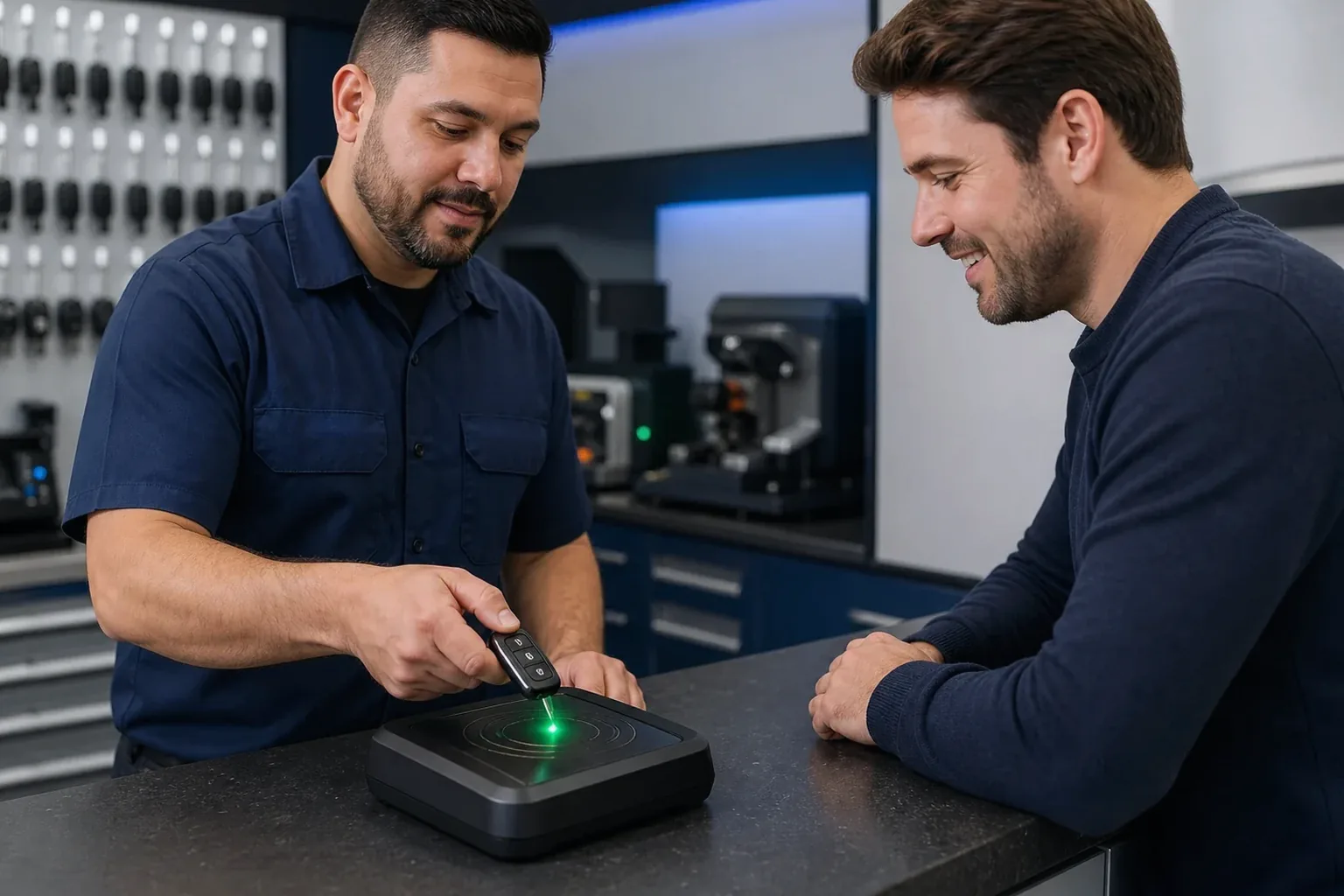 Técnico de chaveiro programando controle remoto de carro.